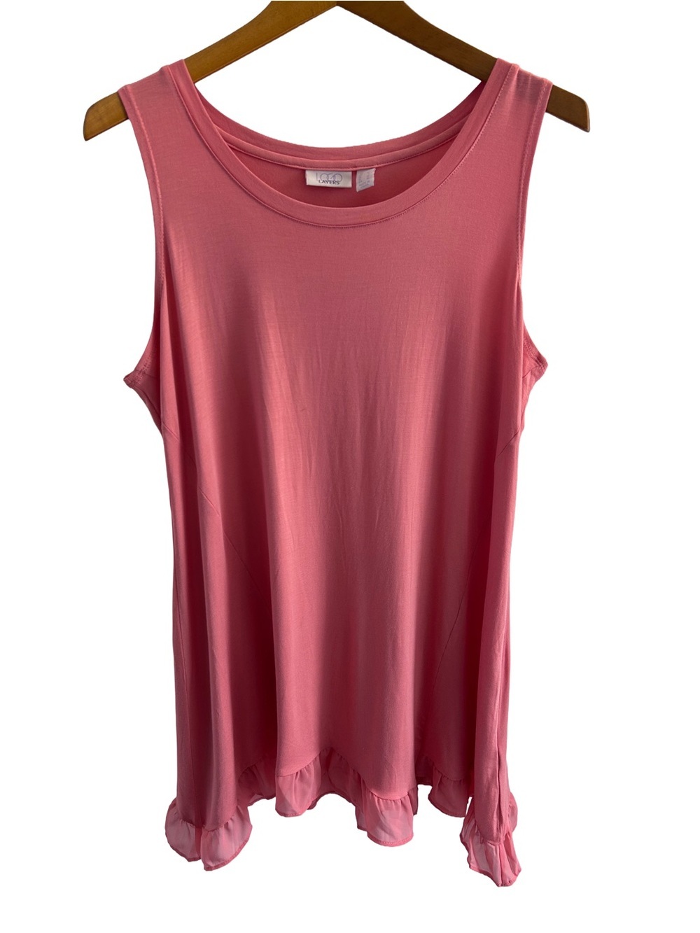 Logo Layers Sleeveless Peachy Pink Ruffle Hem Tank Top L